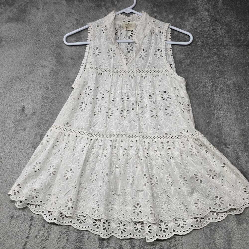 Kate Spade New York Sleeveless Tassel Top Womens XS White Eyelet Cotron NJMU7593